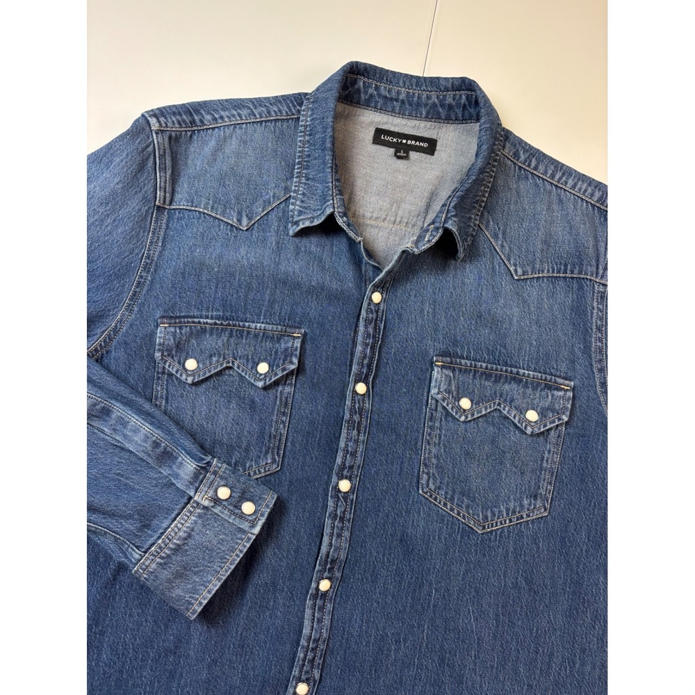 Lucky Brand Sawtooth Denim Western Shirt Mens L Blue Pearl Snap Cowboy